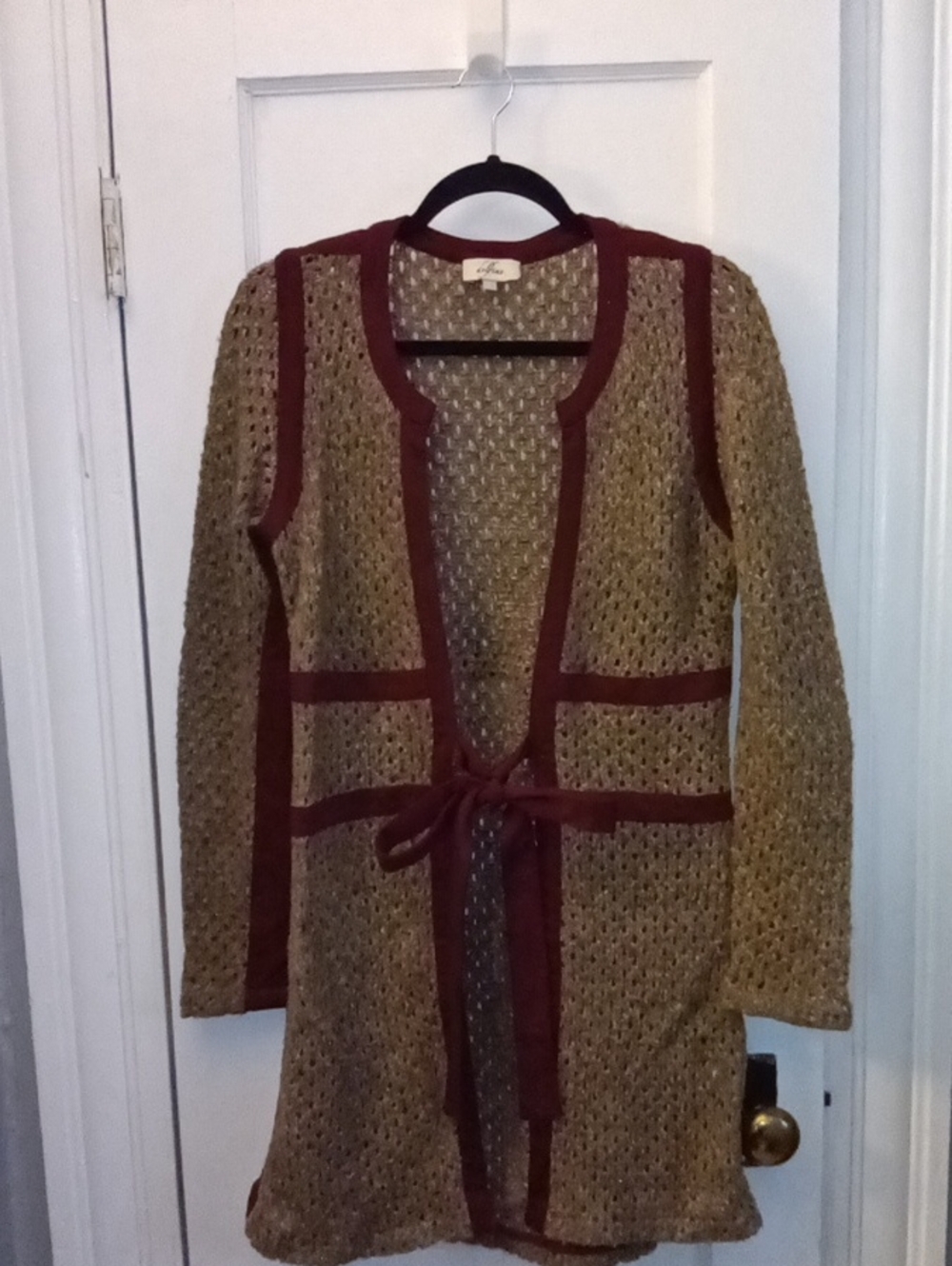 Open-Knit Brown Cardigan with Burgundy Trim